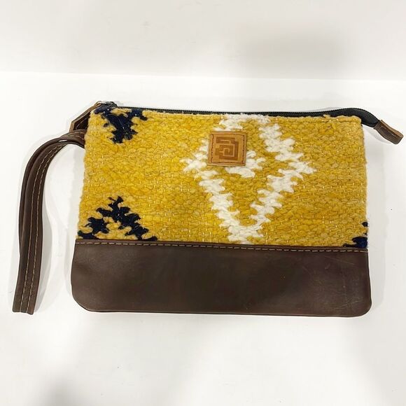 Achiote Guatemalan Goods Wool Full Grain Leather Pouch yellow Aztec - Picture 2 of 9